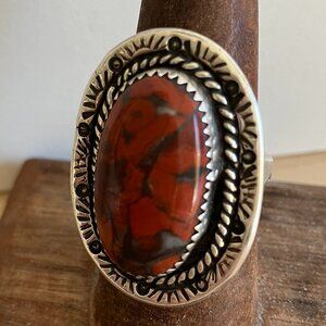 Vintage Unisex Native American Chunky Red Brecciated Jasper Sterling Ring